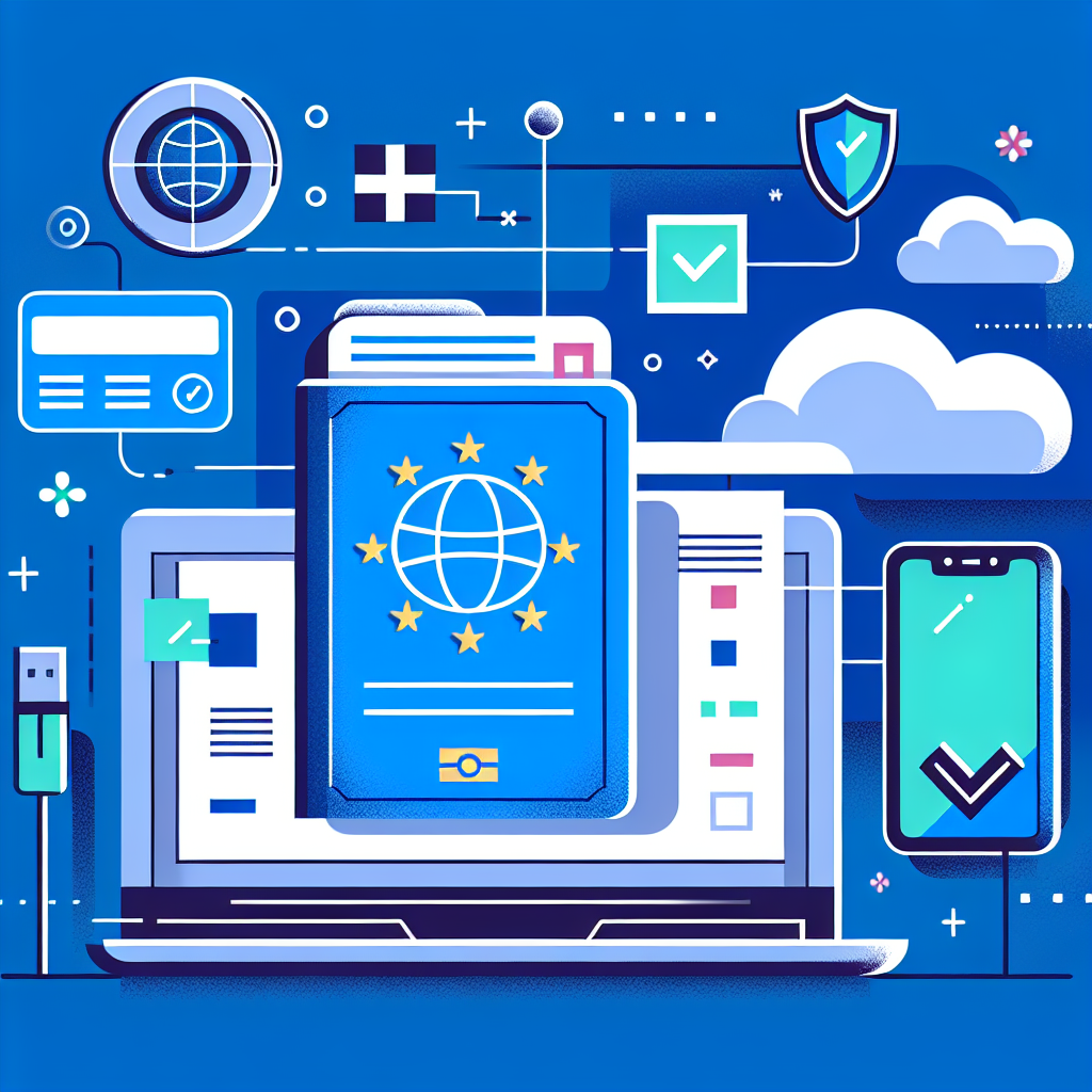 Rappresentazione grafica di una carta d’identità digitale europea su sfondo blu e giallo, con icona di sicurezza e bandiere degli Stati membri dell’UE